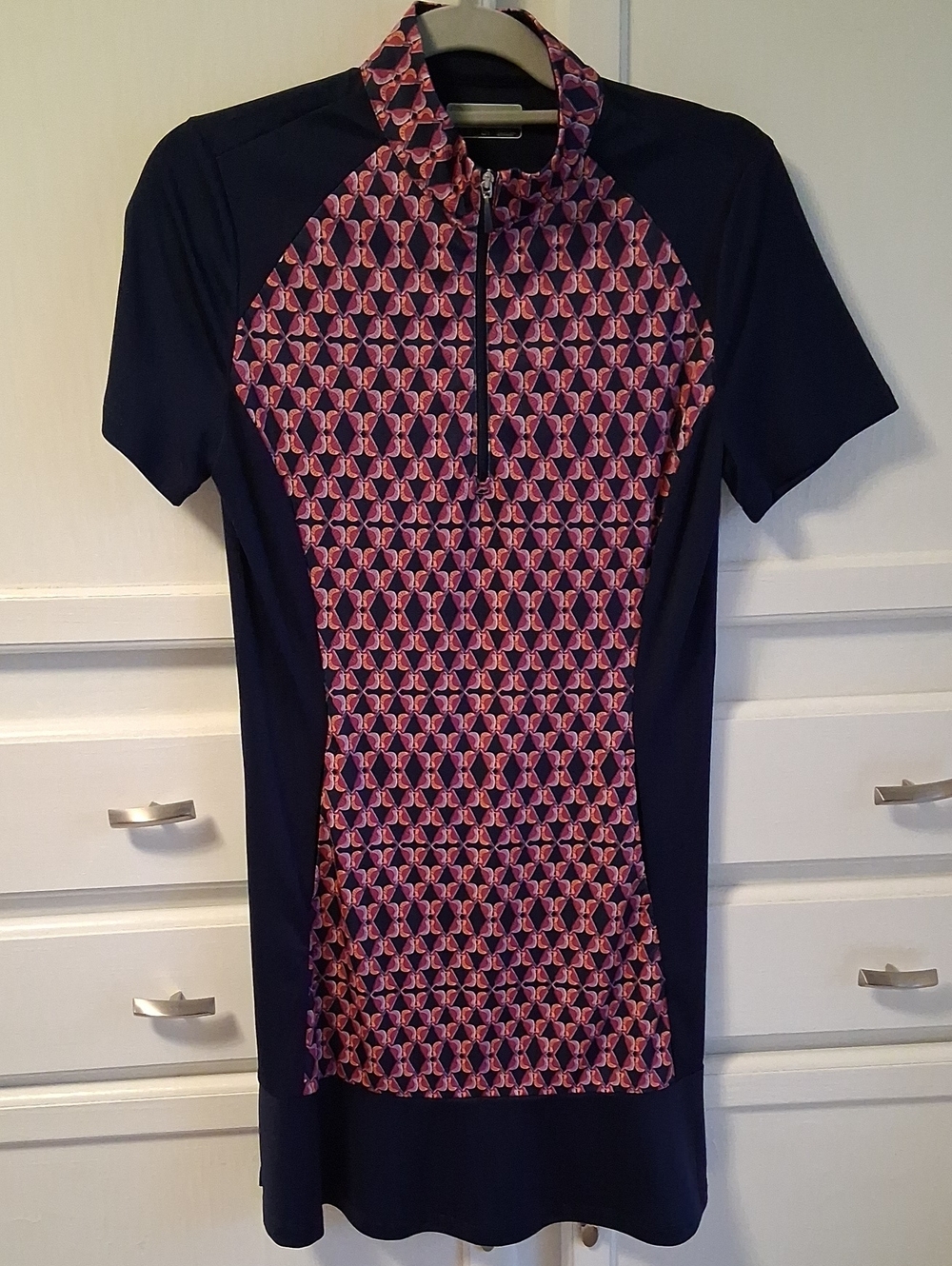 PGA Tour Navy Short-Sleeve Tunic with Pink Geometric Front NWOT